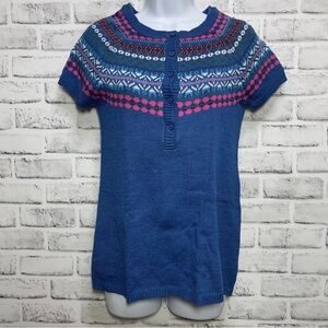 TomFoolery Fair Isle Yoke Short Sleeve 1/2 Button Up Sweater Medium